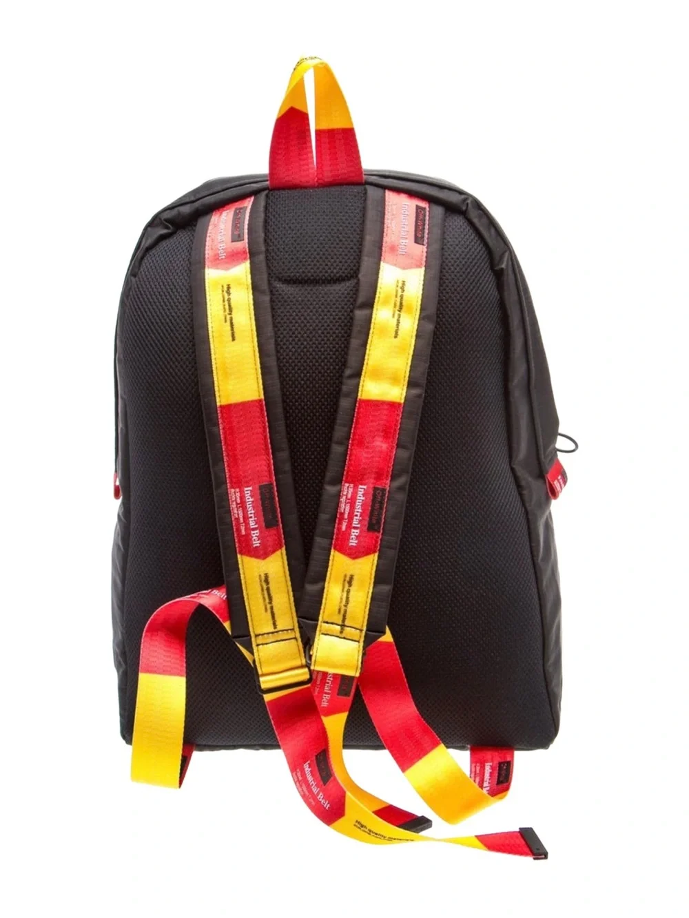 Off-White Black Backpack with Yellow and Red Strap Accents